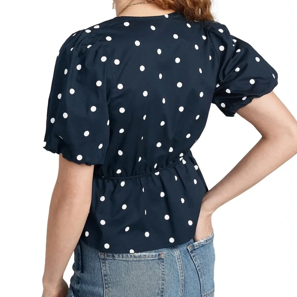 Old Navy Navy Blue Polka Dot Puff Sleeve Wrap Top